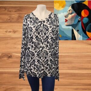 George‎ Women Black Ivory Floral Button Down Sweater Top Size M